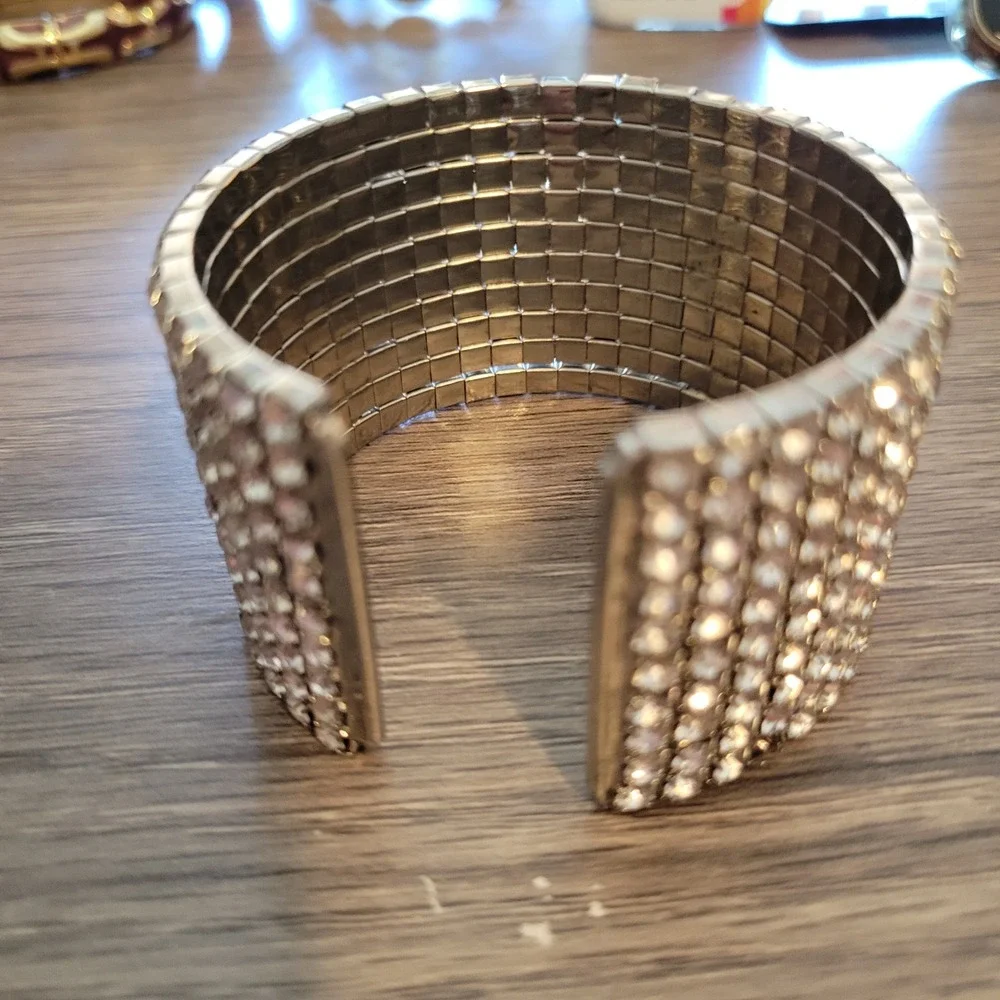 Vintage Clear Rhinestone 10 Row Wide Cuff Bracelet Silver Tone Statement Jewelry
